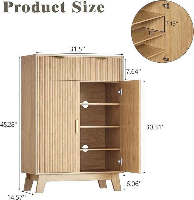 HUANLEGO Shoe Cabinet Storage for Entryway, 4 Tier Fluted Shoe Storage Cabinet with 2 Drawers, Narrow Hidden Shoe Organizer with Adjustable Shelves, Freestanding Shoe Rack for Entryway, Hallway, Oak
