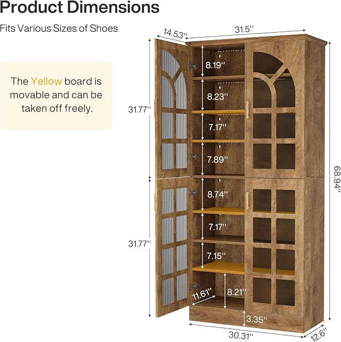 Tribesigns Tall Shoe Cabinet with Doors and Led Lights, 8-Tier Wooden Shoe Rack Organizer with Adjustable Shelves, Narrow Shoe Storage Cabinet for Entryway, Hallway, Living Room, Brown