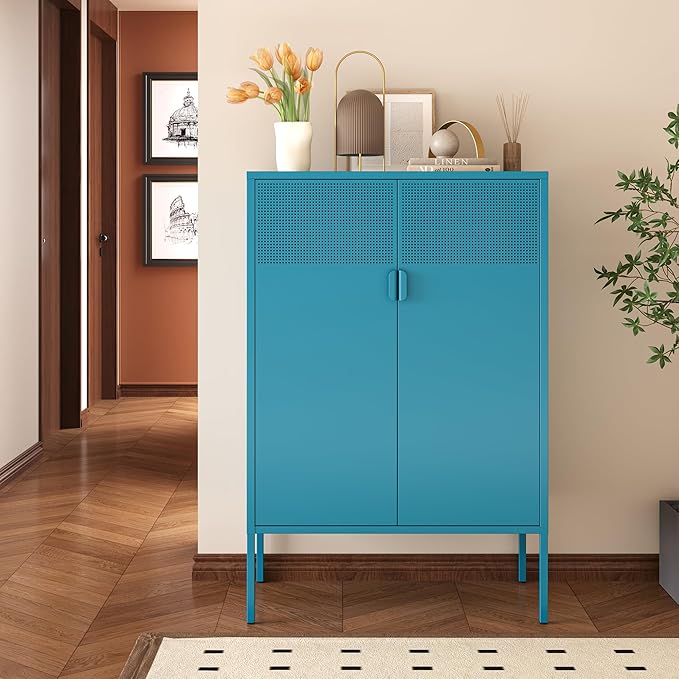 Ustamio Blue Metal Storage Cabinet - 3 Tier Steel Office Storage Cabinet with Doors and Shelves for Home, Office and Kitchen