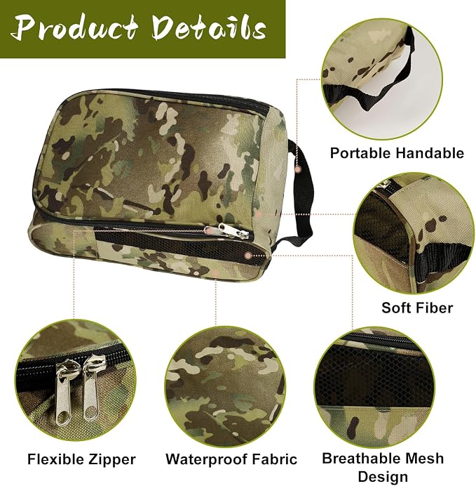 Golf Shoe Bag, Outdoor Zipper Sports Shoe Strap Bag with Air Mesh Ventilation, Durable Waterproof Golf Shoe Carry Bags with Sturdy Handle for Gym, Soccer, Running & Suitcase Packing(Green Camouflage)