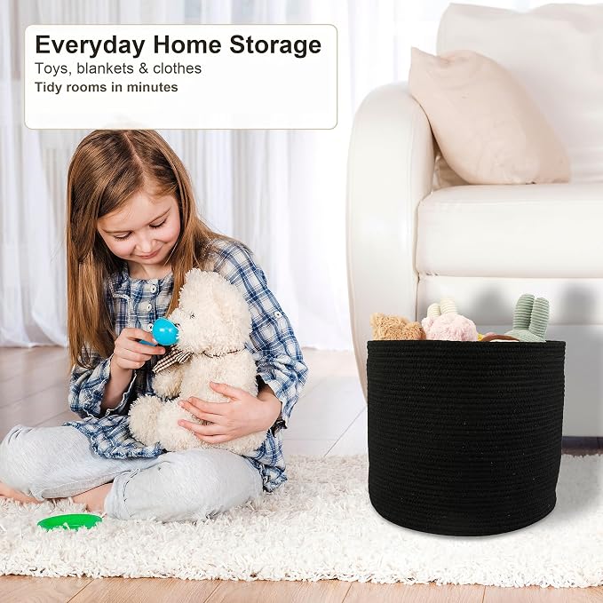 XUANGUO Cotton Rope Woven Basket, 16x14 in Kids Laundry Basket black | Round blanket basket and small laundry basket; baby hamper or nursery storage bin for girls, boys, toys, clothes and shoes