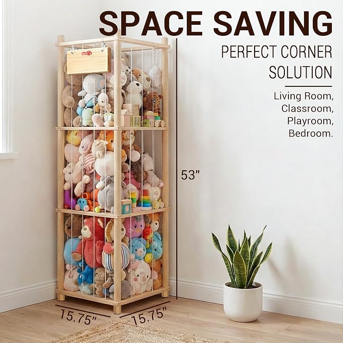 Kiddocood Kids CPC & TIC Certified Stuffed Animal Storage - 3-Tier Large Natural Solid Wood Plush Toy Organizer & Holder, Corner Solution for Playroom & Nursery, BPA-Free & Zero Glue, 53"H