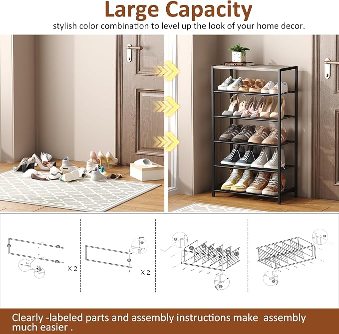 HOMEFORT 6 Tiers Shoe Rack Organizer,23" Shoe Storage Shelf for Closet, Shoe Rack for Entryway, Each Tier Fits 3 Pairs, Shoe Stand with Metal Shelves and MDF Top Board, Washed Gray