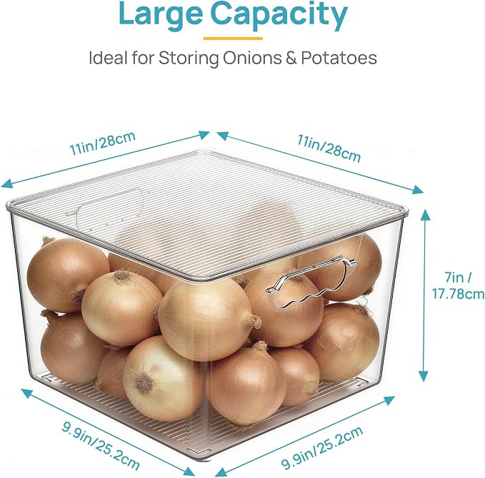 Vtopmart 4 Pack Extra Large Clear Stackable Storage Bins with Lids, 11inch Organizer Bins with Handle for Onions and Potatoes, Plastic Containers for Pantry, Freezer, Kitchen, Closet Organization