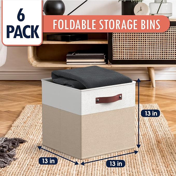 Ornavo Home 13x13 Foldable Fabric Storage Cube Bins, 6 Pack, White/Khaki | Collapsible Linen Shelf Basket Organizer; Leather Handles; Ideal Cube Storage For Closet
