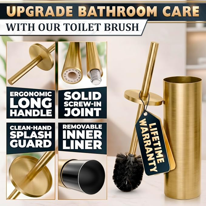 2 PCS Gold Toilet Brush and Holder Set - Brushed Stainless Steel Gold Toilet Bowl Brush and Holder with Replacable Head, Removable Inner Bowl, and Splash Protection - Dense Bristles for Cleaning