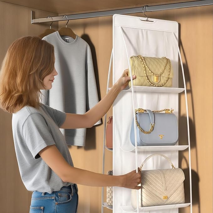 2 Packs 8 Pockets White Handbag Hanging Purse Organizer for Closet, Purse Storage, Purse Hanger and Handbag Organizer for Space Saving