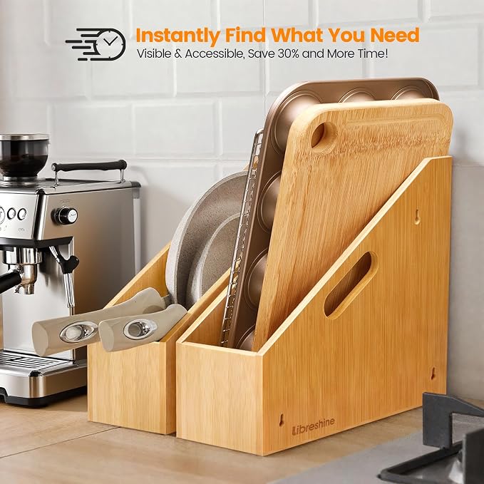 Libreshine Slim Bamboo Cutting Board Holder & Baking Sheet Organizer | Open-front design keeps small to medium boards and bakeware upright; size: 12.6 x 4.9 x 10.5 in. Measure before purchase