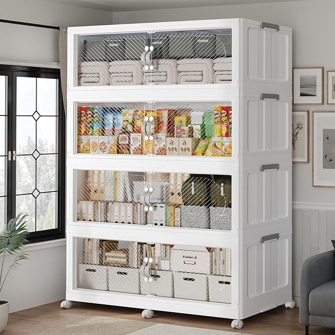 240Gal/960QT 4-Tiers Extra Large Stackable Storage Bins with Lid, Collapsible Cabinet Closet Organizer Plastic Container Box with Wheels Doors Drawers for Living Room Kitchen Office, White