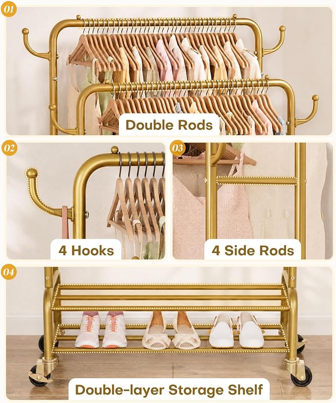Homde Sturdy Garment Rack for Bedroom: 265 lbs Heavy Duty Clothes Organizer | 2 Hanging Rods Hold Coat to T-Shirt - Easy Roll & Park on Wheels - Metal Frame Stays Solid & Stable at Full Load