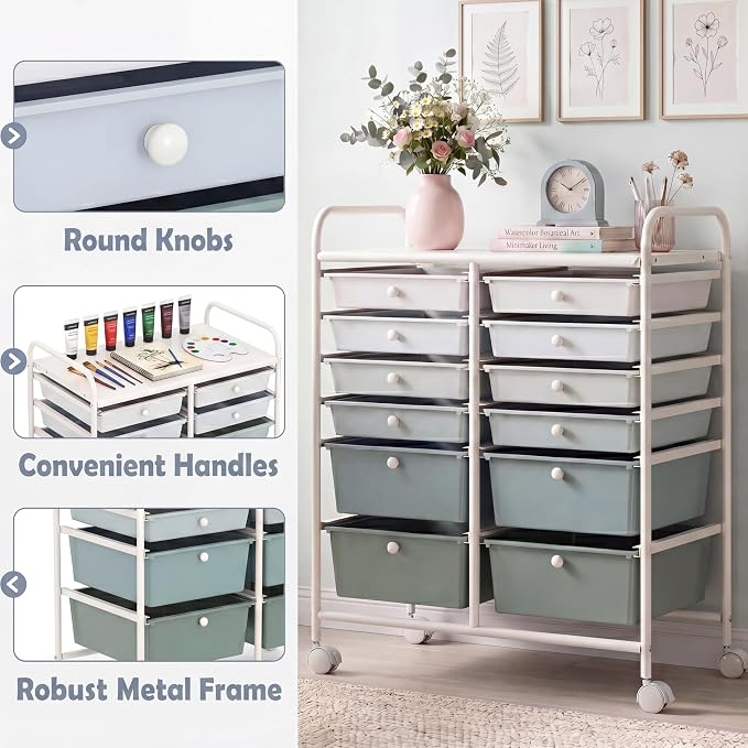 GOFLAME 12-Drawer Rolling Storage Cart, Multipurpose Organizer with 2 Sizes Plastic Drawers, Mobile Utility Cart with Lockable Casters for Home, Office, Beauty Salon, School, Green Gradient