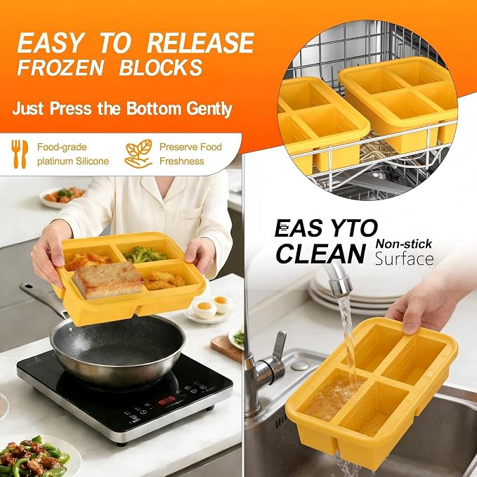Bangp 1-Cup Silicone Freezer Molds with Lid for Soup Ice Cubes | Food Freezer Container Molds for Meal Prep,Rice,Broth,Leftovers,Makes 4 Perfect 1 Cup Portions,Oven & Dishwasher-Safe