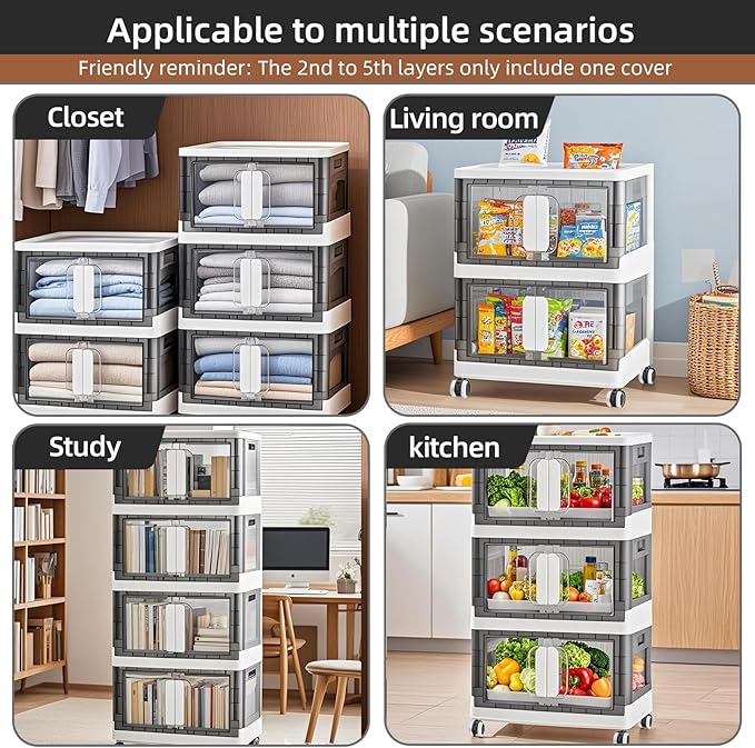 Folding Storage Organizer with Silent casters | Stackable Design for Home & Office, Heavy-Duty Plastic Storage Bin with Clear Door, 3 Sizes (19.5/23.5/27.5in),Black/White (19.7" 3 layer, White)