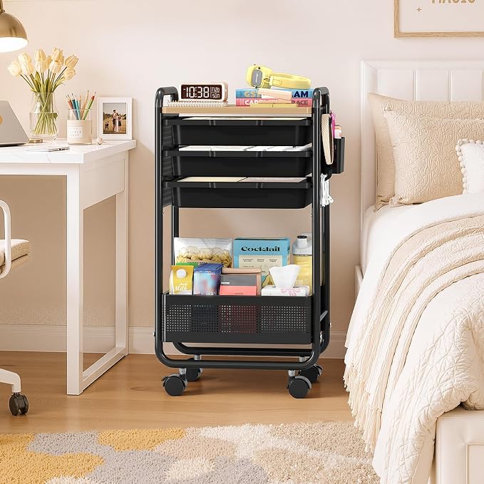 Metal Rolling Storage Cart with 3 Drawers - Utility Cart on Wheels with Pegboard & Wood Tabletop, Multifunctional Trolley Organizer with Hooks & Bin for Living Room,Bedroom,Craft Room,Office,Kids Room