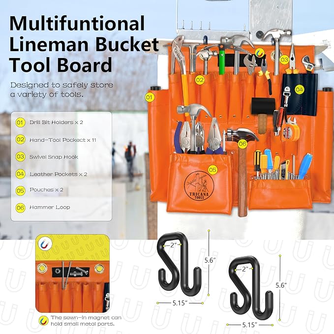 Lineman Tool Board, Aerial Apron, Bucket Truck Tools Organizer with Over 16 Pockets, Tool Organizer for Bucket Trucks and Lineman, Includes Two 2” Bucket Hooks