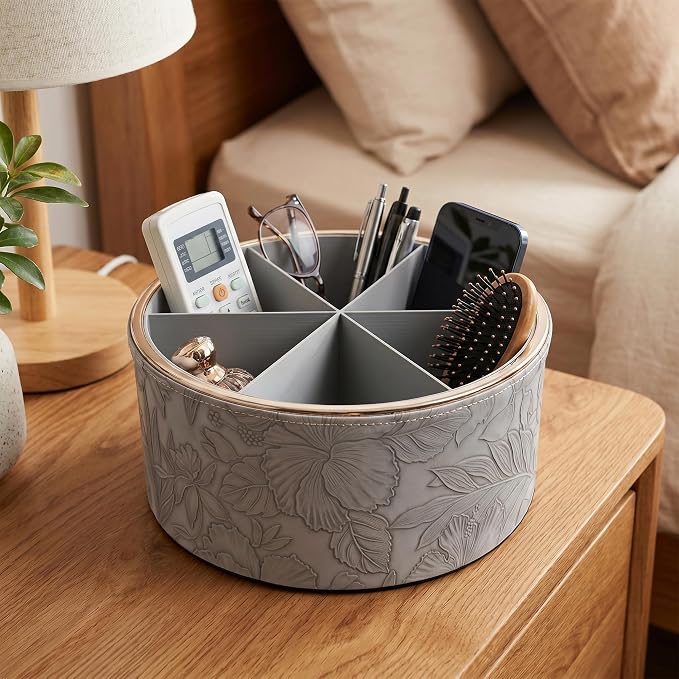 Remote Control Holder, 360°Spinning PU Leather Desk TV Remote Caddy,Desk Storage Box Room Accessories for Controller, Media,Mail,Calculator, Mobile Phone,Pencil(1B-Golden Grey)