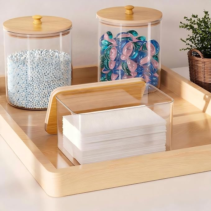 2+1 Pack Glass Laundry Pods Container & Acrylic Dryer Sheet Holder, Clear Laundry Room Organization Containers with Bamboo Lids & Labels, Powder Laundry Detergent Container for Scent Booster, Powder