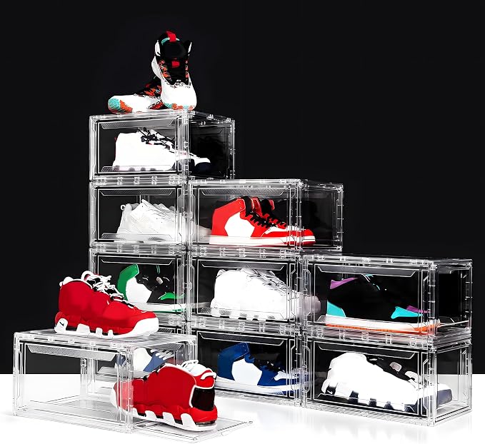 MMBABY 12 Pack Acrylic Clear Shoe Boxes, Ultra Clear Stackable Sneaker Display Cases with Magnetic Door, Professional Grade Shoe Display Case for Sneakers & Boots, Fits Up to US Men's Size 15