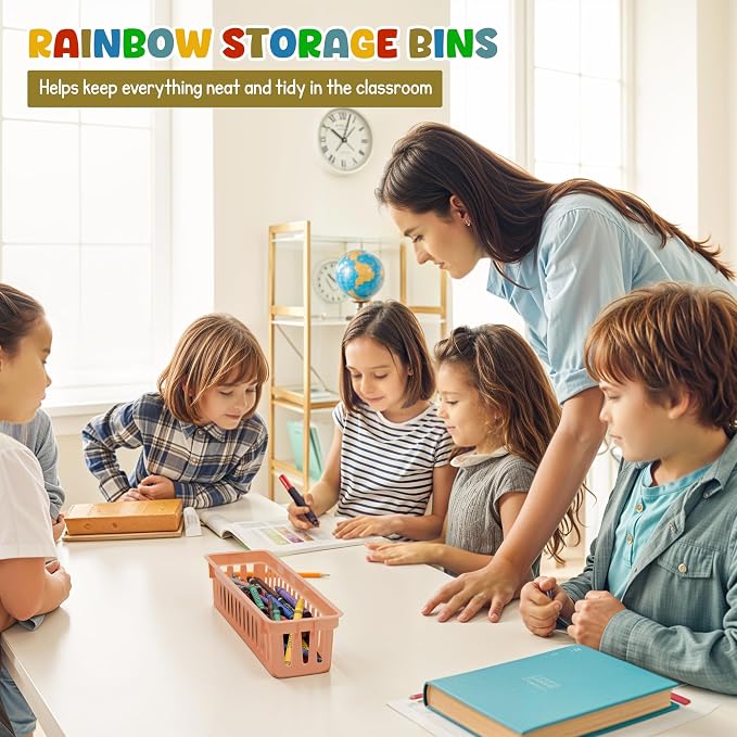 4E's Novelty 12 Pack Pencil Holder for Kids Desk, Boho Plastic Pen Baskets Tray for Organizing Classroom, Caddy Bins for Students Desk Elementary Teacher Classroom Organization and Storage Supplies