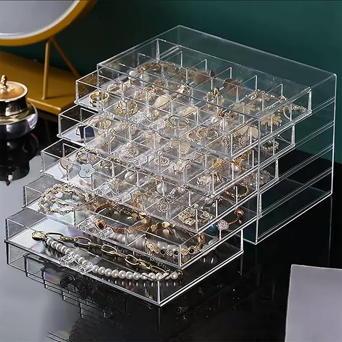 Clear Jewelry Box, Jewelry Organizer with 5 Drawers, 5-Layer Acrylic Storage Box for Women, Earring Display Holder for Earrings Ring Bracelet Necklace 79 Grid Compartment Earring Organizer