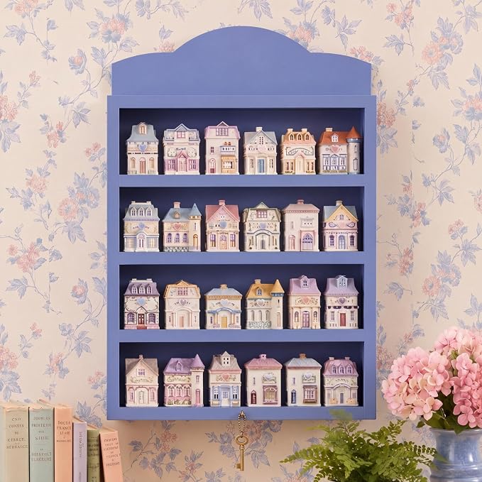 Chunful Vintage Spice Jar Wooden Rack Blue Retro Spice Shelf for 24 Jars, Village Style Wall Mounting Kitchen Storage Decorative Hanging Display Rack, Shelf Only