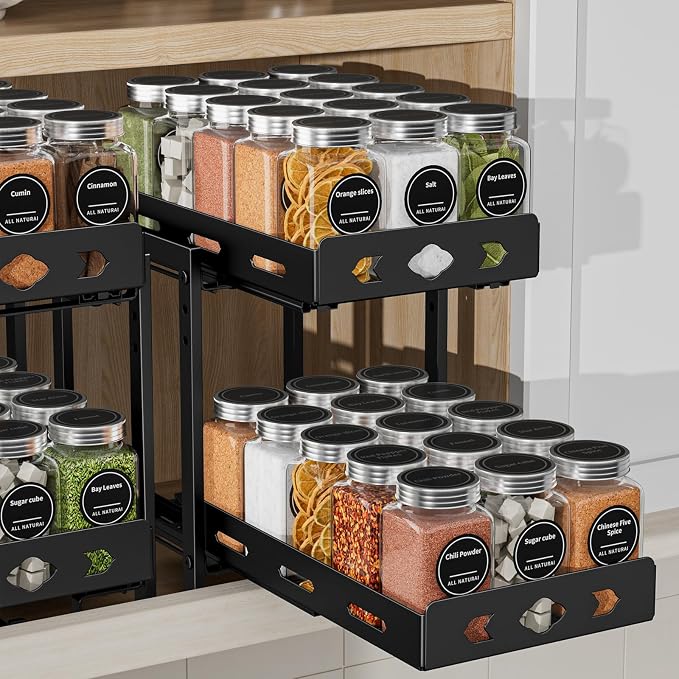 Pull Out Spice Racks for Inside Cabinets, 2 - Tier Cabinet Spice Rack Organizer, Height Adjustable Vertical Spice Rack for Cabinet, Kitchen, Pantry, Cupboard (7.5''Wx10.8''Dx9.2''H, Metal Black)
