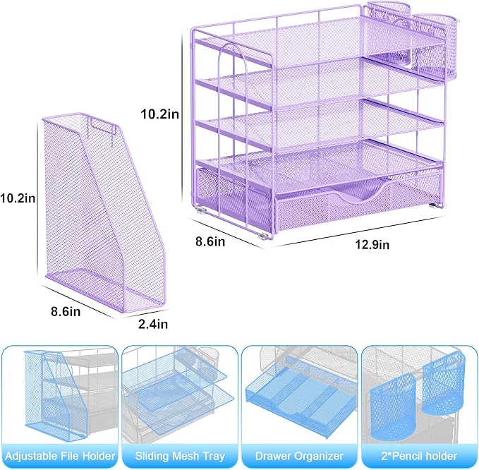 gianotter 5-Tier Desk Organizer with Drawers, File Holders, Letter Trays and Pen Holders - Workspace Accessories for Office Supplies (Light Purple)