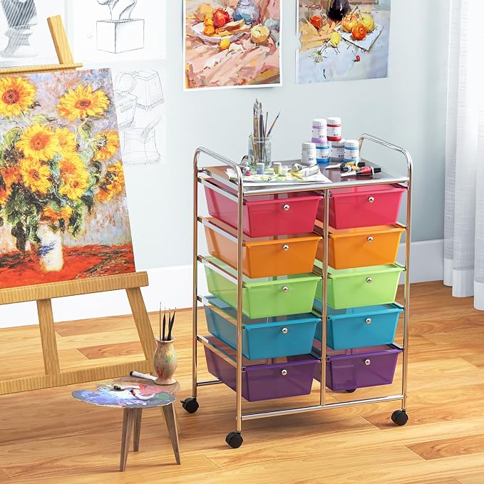 BECOMFORT 10-Drawer Rolling Cart with Drawers, Storage Cart on Wheels, Teacher Classroom Organizers with Metal Frame, Mobile Craft Cart, Trolley Utility Cart for School Office Play Room