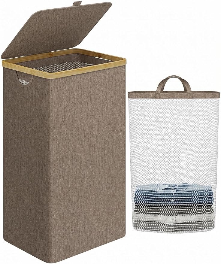 iEGrow Laundry Hamper with Lid, 110L Large Laundry Basket with Handle, Collapsible Clothes Basket Organizer with Removable Inner Bag for Clothes Towels -Brown