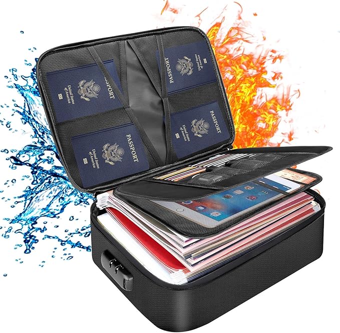 DocSafe Document Bag with Lock, Fireproof 3-Layer File Storage Box, Black | Water-Resistant Zipper, Document Safe Portable Travel Home Office Organizer Bag for Laptop,Files,Certificates, Gifts for Him