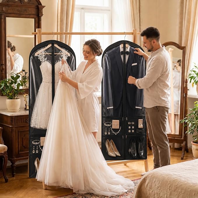 Tranqun 2 Pack 65" Long Wedding Garment Bags for Gowns 4" Gusseted Clear Dress Travel Bag for Hanging Clothes Foldable Wedding Dress Cover with 4 Zipper Pockets for Closet Storage and Travel (Black)