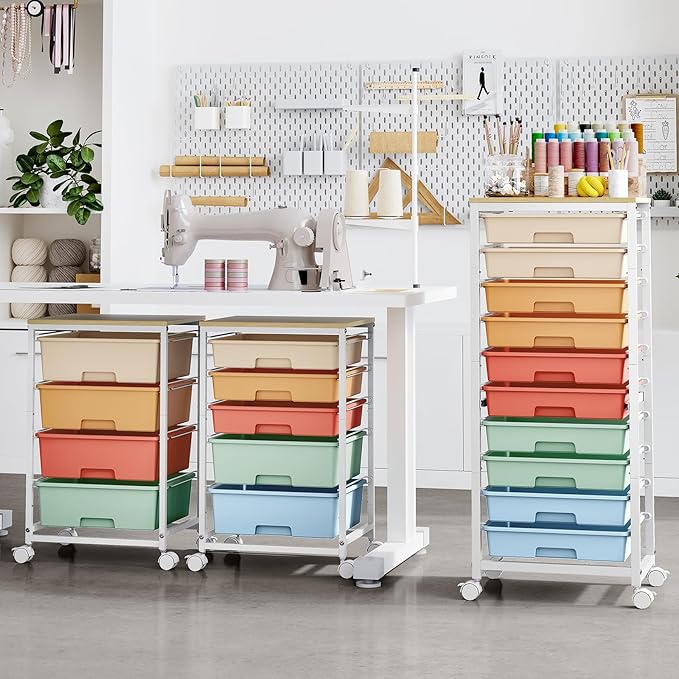 SYKIARIOL Rolling Cart with Drawers,10 Drawer Rolling Cart,Storage Cart with Wheels,Utility Cart with Drawers,Teacher Cart for Classroom Storage,Craft Cart with Wheels and Wooden Tabletop,Rainbow