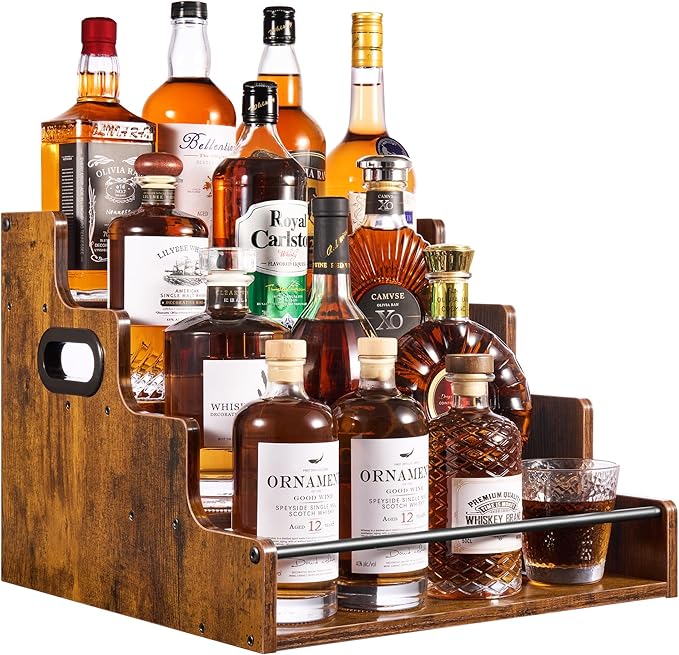 YQBRAO 4-Tier Liquor Bottle Display Shelf, Spice Rack - 16-Inch Coffee Syrup Organizer Rack - Heavy-Duty Countertop Bar Shelves for Liquor Whiskey, Spirits, Syrup Wine Dressing