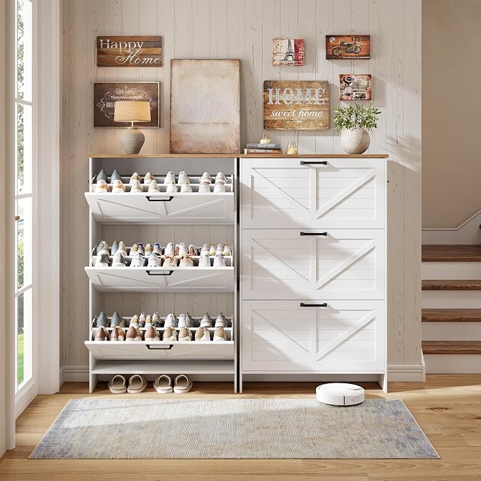 Nicetree Shoe Storage Cabinet for Entryway, Freestanding Fluted Accent Ultra Slim Shoe Cabinet with 3 Flip Drawers, Farmhouse Shoe Rack with 3-Tier Adjustable Shelves for Hallway Foyer Rustic-White