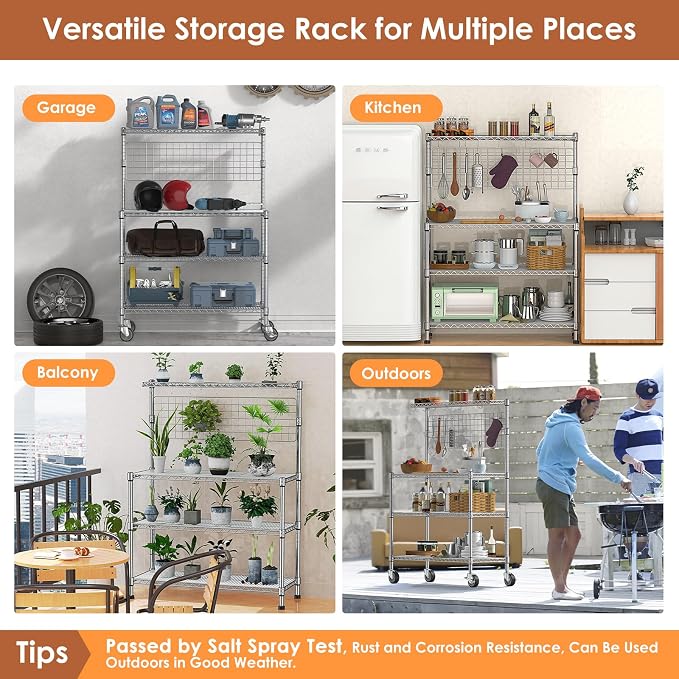 Bakers Rack with Storage & Wheels, 42In Microwave Stand Kitchen Shelves | 4-Tier Heavy Duty Storage Rack with 20 S-Hooks, Commercial Metal Utility Kitchen Cart, 42× 18× 63 Inch, Chrome