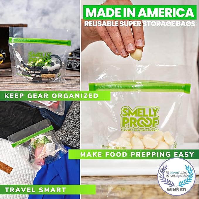 Smelly Proof 10 x Reusable Food Storage Bags, Reusable Freezer Bags, Reusable Snack Bags, Stand-Up Expandable “Stand & Fill”, Clear 3-Mil 6” x 4”, US Made, BPA FREE, NO PEVA, 10-pk