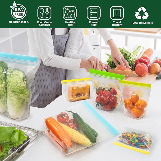 SPLF 20 Pack Reusable Sandwich Bags Dishwasher Microwave Safe, BPA Free Extra Thick Leakproof Reusable Food Storage Bags Silicone Free Quart Size Freezer Bags Containers