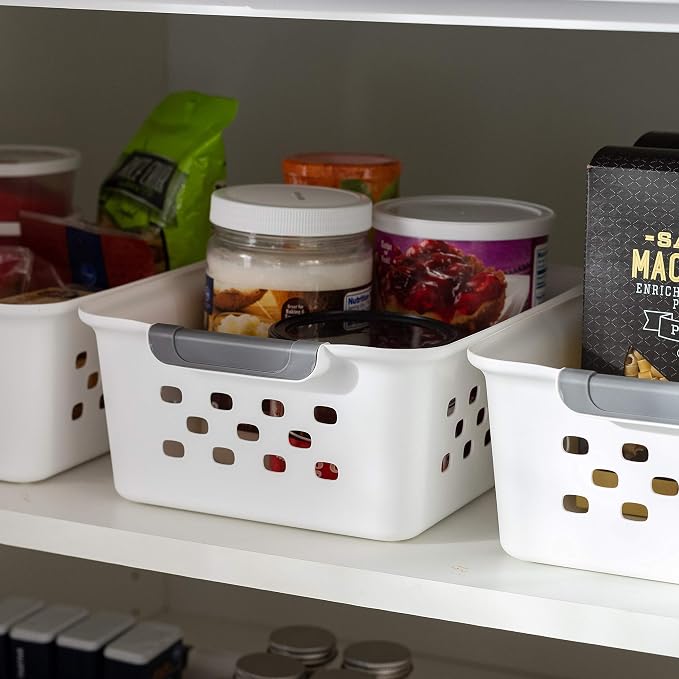 IRIS USA 8-Pack, Small Plastic Storage Basket, White | Organize pantry items, office supplies, crafts, accessories, and household essentials with easy-carry storage for shelves