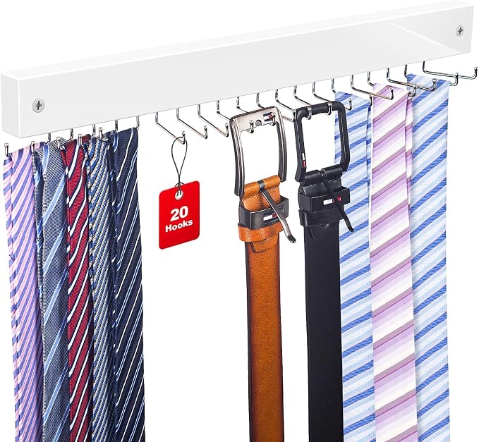 Tie Rack Wall Mounted, Belt Rack Tie Organizer for Men with 20 Storage Hooks, Non Slip 180 Degree Rotating Tie Holder Belt Hanger for Closet/Wall Mount