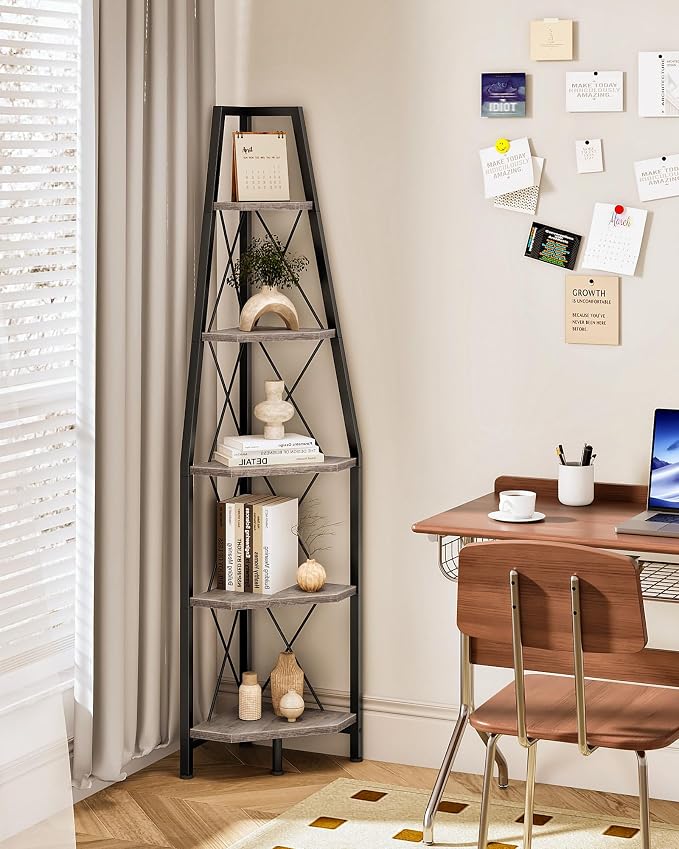 CHOEZON 5-Tier Corner Shelf, Corner Bookshelf, Ladder Shelf, Floor Standing Storage Rack, Open Display Stand, Plant Stand, for Living Room, Bedroom, Study, Bathroom, Greige and Black TCJ22BG