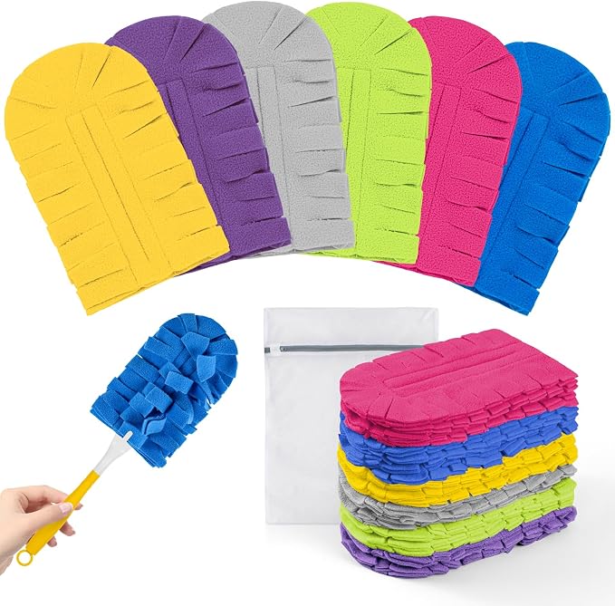 12 PCS Reusable Duster for Swiffer, Washable 360 Fleece Duster Refills for Fans, Floors, Blinds, Windows (Include 1 Handle & Laundry Bag)