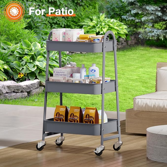 NEWBULIG 3-Tier Metal Rolling Cart with Lockable Wheels, Heavy Duty Mobile Utility Storage Shelf, Roller Book Snack Cart, Organization for Livingroom, Bathroom, Office, Grey