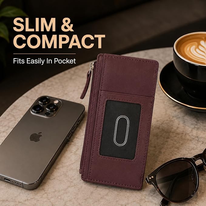 Leatherboss Genuine Leather Women's All in One Credit Business Card Case Holder Slim Zipper Wallet With a Card Protection Strap, Cherry