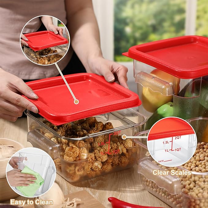 Barydat 4 Pcs Square Food Storage Containers with Lids Measurement Scales, 2qt & 4qt Clear Plastic Stackable Containers for Dough Proofing Baking Kitchen Restaurant and Pantry Organization(Red)