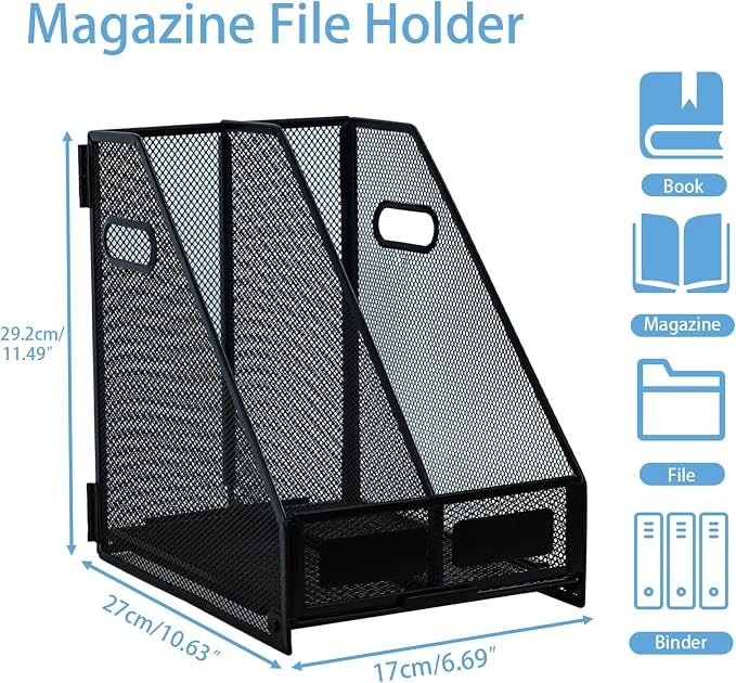 Desk Organizers Metal Magazine File Holder Racks Desktop Folder Storage Binder Organiser Document Organization for Home Office & Classroom,2 Vertical Compartments