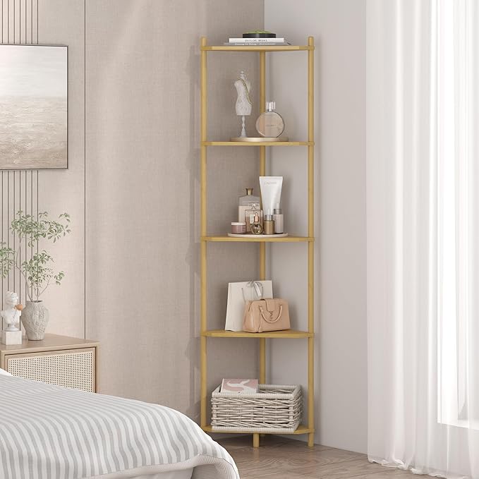 Wisuce Natural Tall Corner Shelf Stand, 5-Tier Bamboo Corner Bookshelf | Space-Saving Narrow Corner Shelf | Bathroom Corner Shelf | Shelves for Bedroom, Living Room, Kitchen & Plant Display