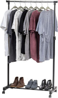 IRIS USA Single Rod Rolling Clothes Rack, Height Adjustable, Black | Adjustable hanging space for garments, accessories, and storage needs with smooth mobility