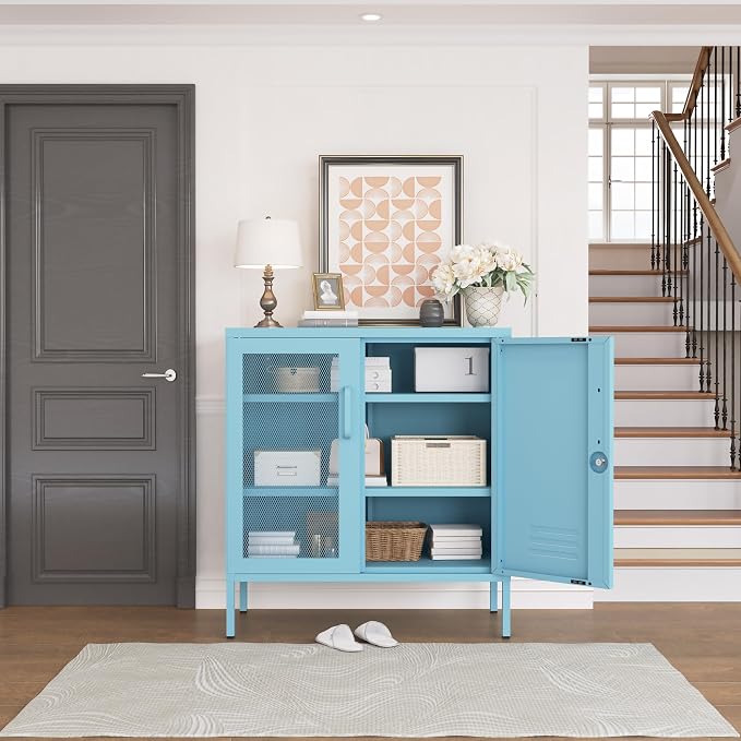 Lockable Metal Storage Cabinet Locker, Multifunctional Versatile Storage Lockers with Adjustable Shelves and Mesh Door, Durable Metal Sideboard Furniture for Restaurant Home Office Blue