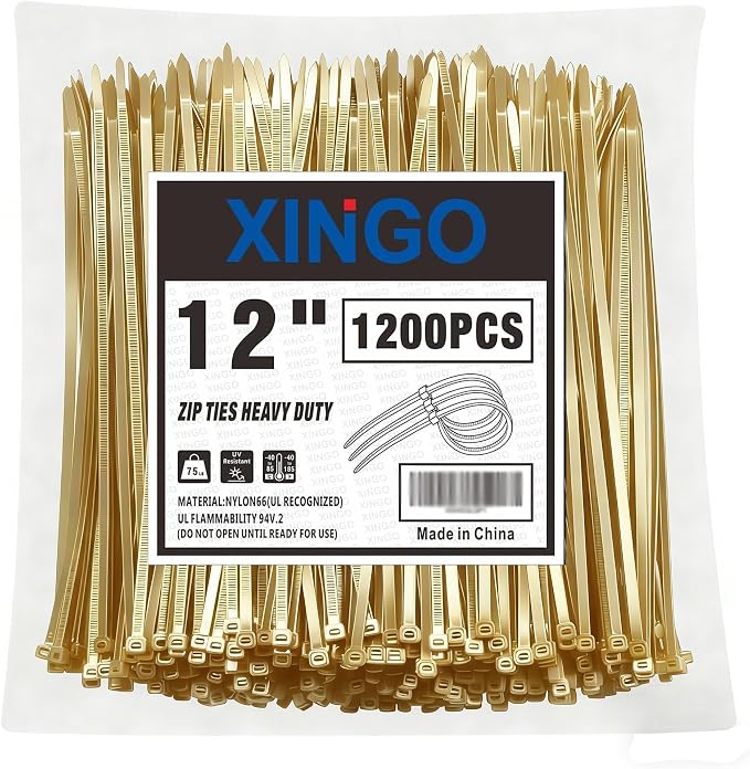 XINGO 12 Inch Gold Zip Ties 1200 PCS, 75 LBS Tensile Strength, UV Resistant Cable Ties, Premium Self-locking Plastic Ties for Indoor and Outdoor Use