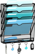 5 Tier Wall File Organizer - Hanging File Organizer with 5 Hooks, Mail Holder Wall Mounted for Papers, Folders, Magazines, Bills, Office&School Organization, Black